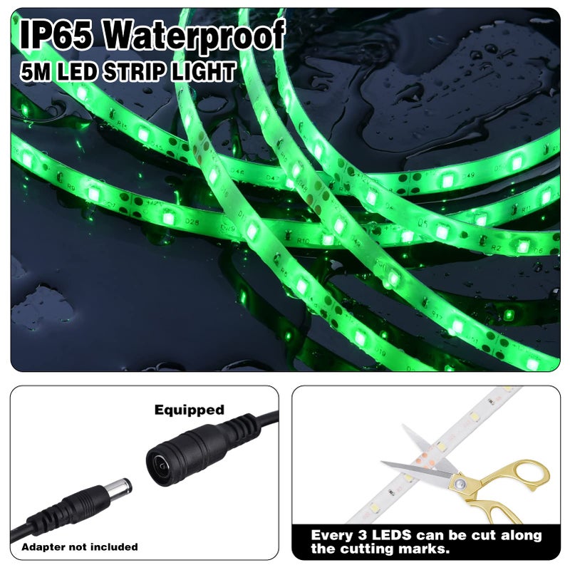 iNextStation 12V LED Light Strip IP65 Waterproof Green LED Strip Lights 16.4ft/5m Cuttable 300 SMD 2835 LED Tape Flexible Led Lights for Bedroom Outdoor Indoor Decor (Power Adapter not Included) - Image 2